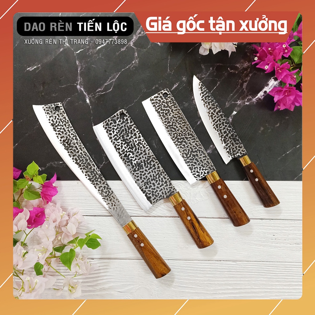 Dao Bếp Bộ 4 Dao Nhà Bếp Thép Nhíp Dập Vân 2 Mặt Kháng Rỉ Tốt - Cán Cẩm Chỉ