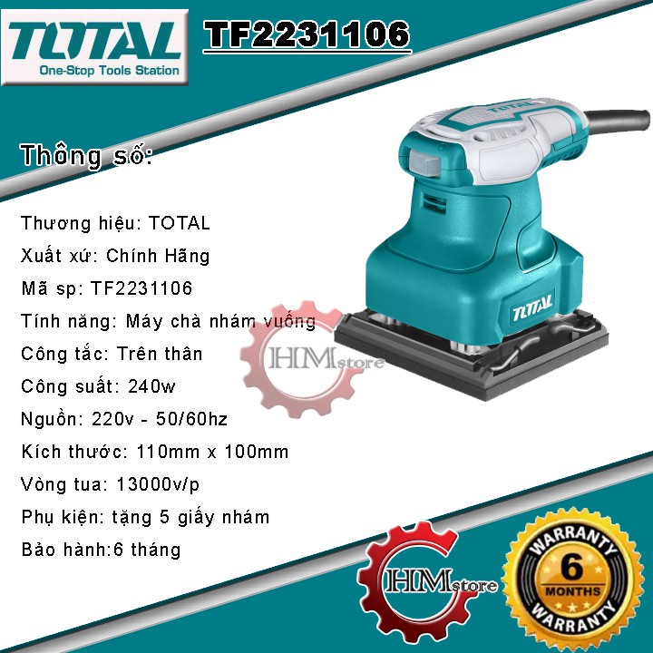 [TOTAL C/hãng] Máy chà nhám vuông rung TOTAL TF2231106 240w - Chà nhám gỗ bảo hành 6 tháng