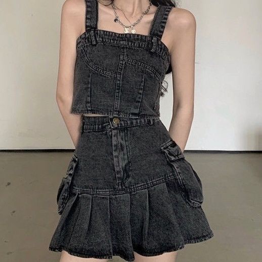 Jiashucheng Bộ Áo Denim + Chân Váy Xếp Ly Thời Trang Mùa Hè Sang Trọng Cho Nữ