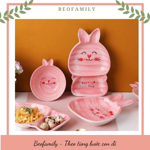 Đĩa Sứ Decor Hình Thỏ Hồng Xinh Xắn, Khay Ăn Dặm Gốm Sứ Thỏ Hồng, Habit - Beofamily