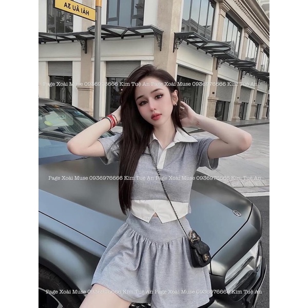 Set áo croptop cổ đức essentinals chân váy xoè