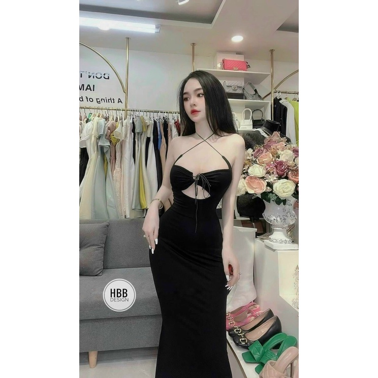 Đầm yếm cột ngực dáng dài chất thun gân mẫu mới siêu hot