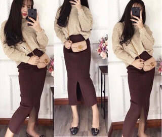 Chân váy len body dài xẻ (mặc được nhiều kiểu)