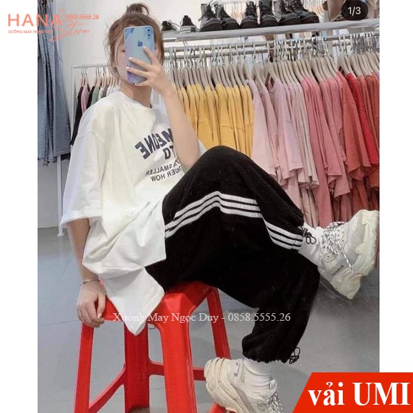Quần thể thao ống rộng nữ viền kẻ 3 sọc trắng có dây rút gấu chất vải Umi - Quần jogger ống rộng nữ mặc đi học thể dục