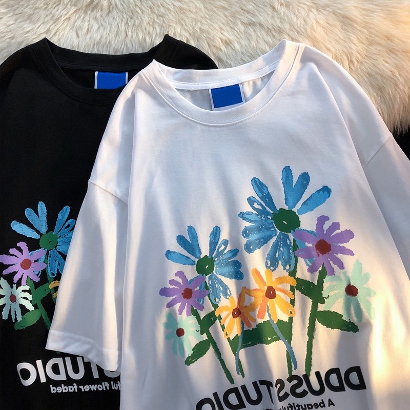 Áo thun ZHELIHANGFEI ngắn tay dáng rộng in hoa graffiti cá tính dành cho cặp đôi