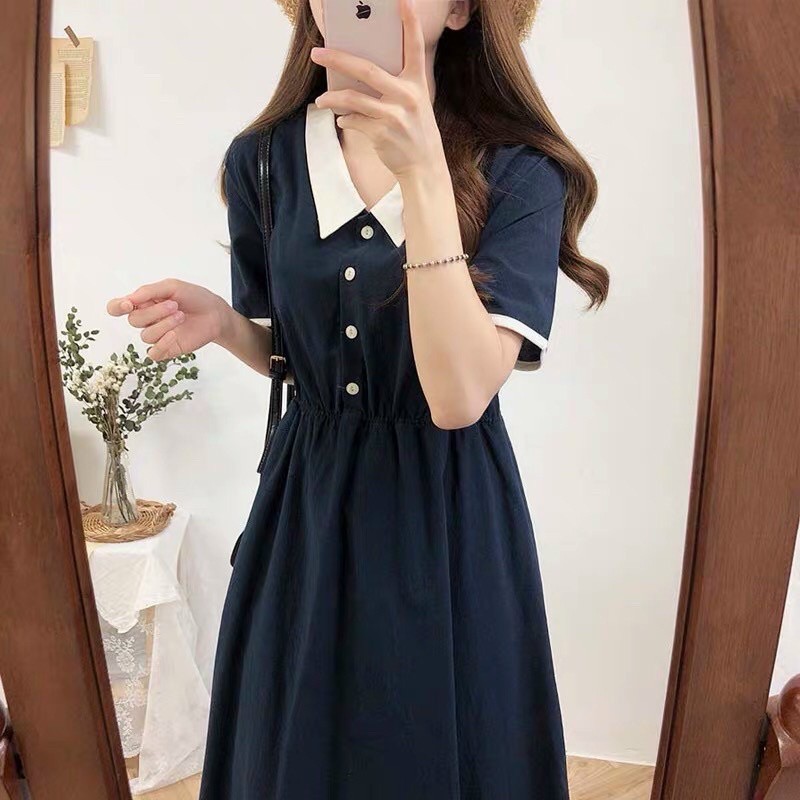 Đầm suông vintage xanh đen cổ bèo phối nút dễ thương
