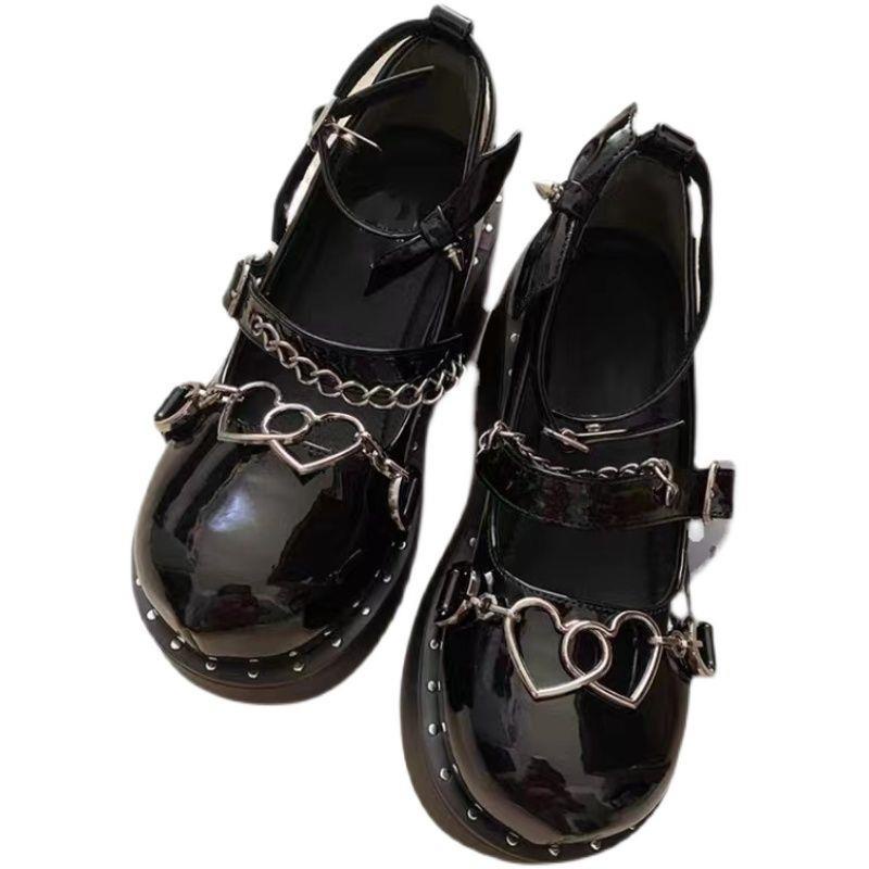 Giày Da Bít Mũi Đế Dày Phối Dây Xích Kim Loại Phong Cách Gothic Thời Trang Cho Nữ