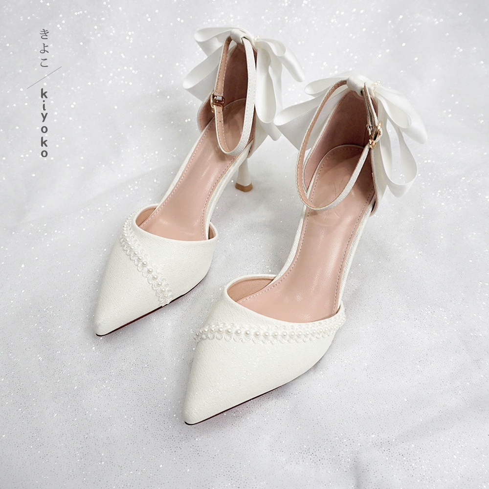 Giày cưới Kiyoko đính viền baby và NƠ SAU GÓT cao 7cm | có quai