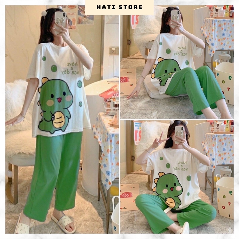 Set Quần Ống Rộng Áo Thun in hình khủng long xanh, Set Bộ Nữ Đẹp mặc nhà NA50