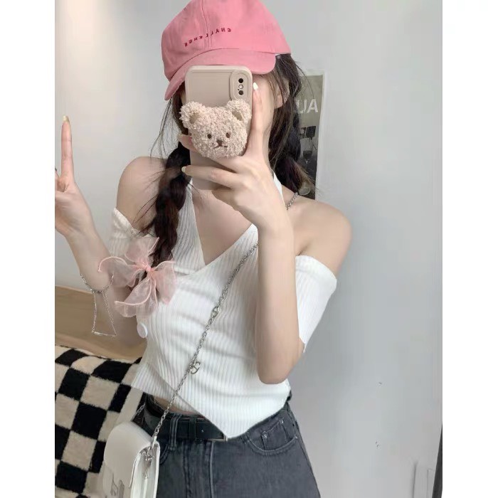 Áo dệt kim Forgirl tay ngắn kiểu hở vai phối cúc chéo phong cách Hàn Quốc quyến rũ dành cho nữ