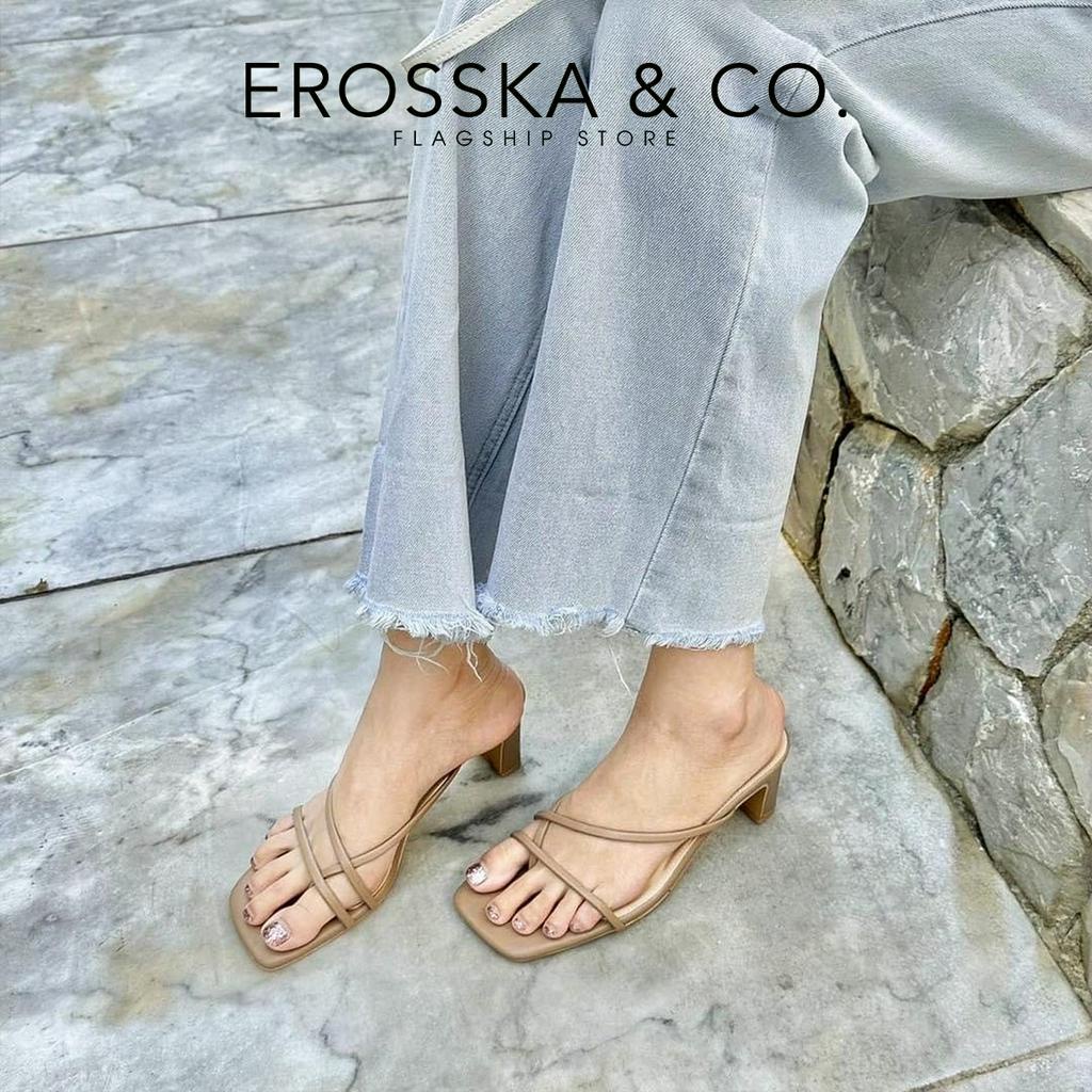 Erosska - Dép cao gót thời trang mũi vuông phối dây quai mảnh cao 8cm màu nâu - EM101