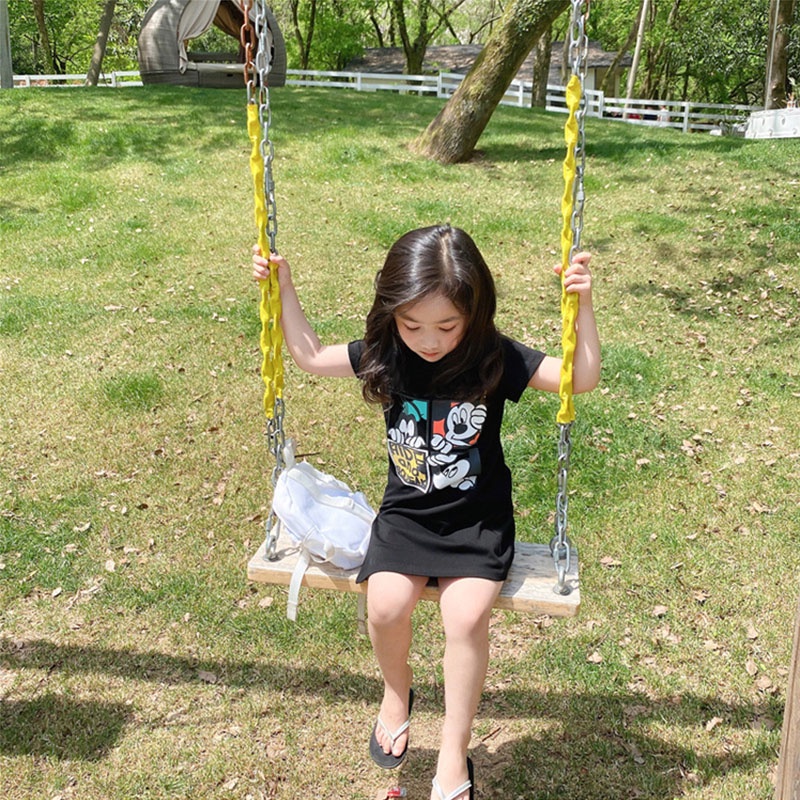 Đầm Thun Dài Tay Ngắn In Hình Chuột Mickey Hoạt Hình Thời Trang Mùa Hè Dành Cho Bé Gái