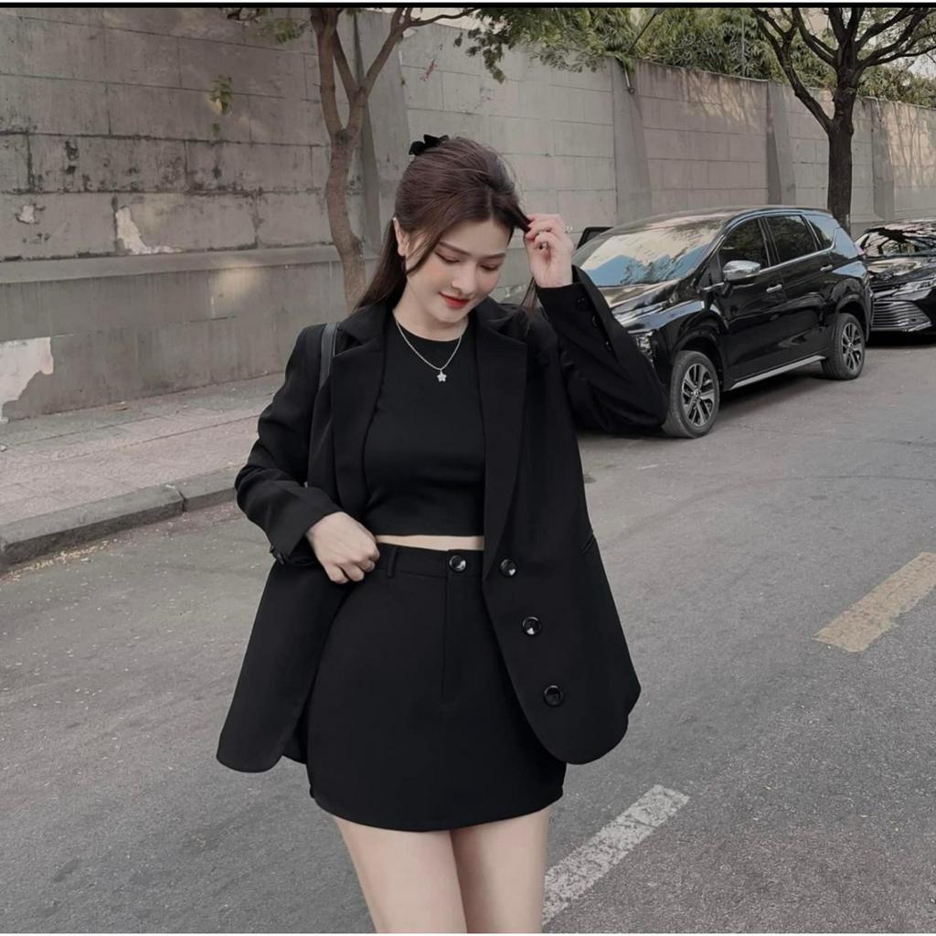 SET VEST 3 MÓN ĐEN: ÁO GÂN + ÁO VEST + CHÂN VÁY ĐEN (TH)