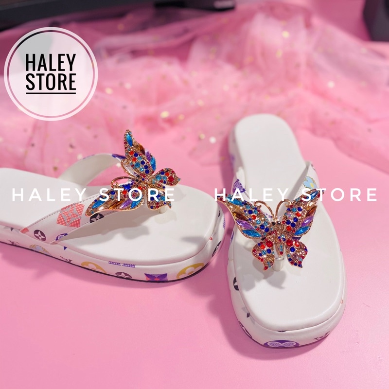 Dép nữ HALEY STORE đế bánh mì quai kẹp đính bư.ớm đá xoàn nhiều màu xinh rẻ bền đẹp tiểu thư sang trọng thời trang mới