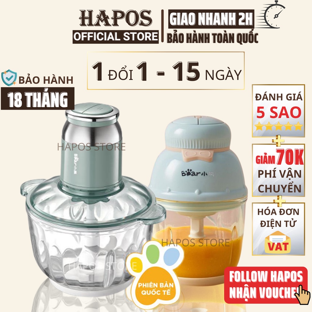 Máy xay đa năng Bear, máy xay thịt, xay rau củ cho bé Bản Quốc Tế - HAPOS BH 18 thán