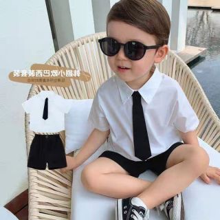 Bộ áo sơ mi trắng cà vạt kèm quần short đen phong cách Hàn Quốc (chất đẹp ảnh thật)