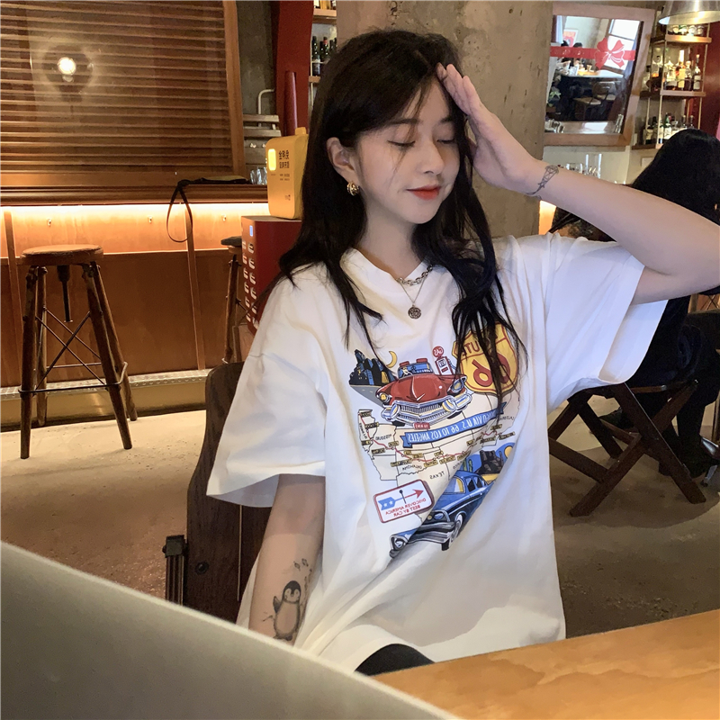 Áo thun dáng rộng tay ngắn in hình xe hơi thời trang cho nữ