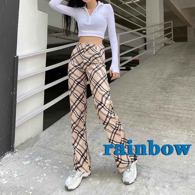 RAINBOW-Women’s Rhombic Plaid Long Pants, Sport Bodycon Leggings Workout Slim Pile Up Pants