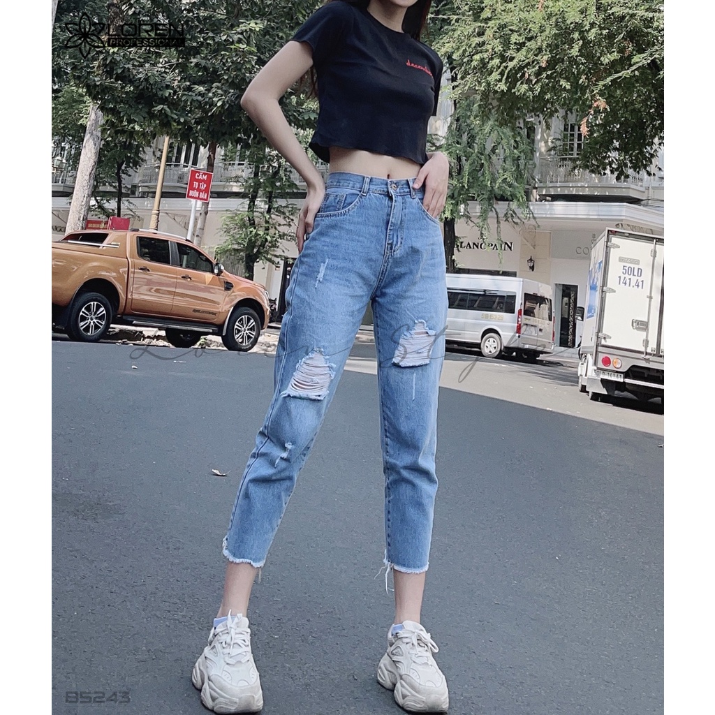 Quần jean baggy LOREN rách tua xanh B5243