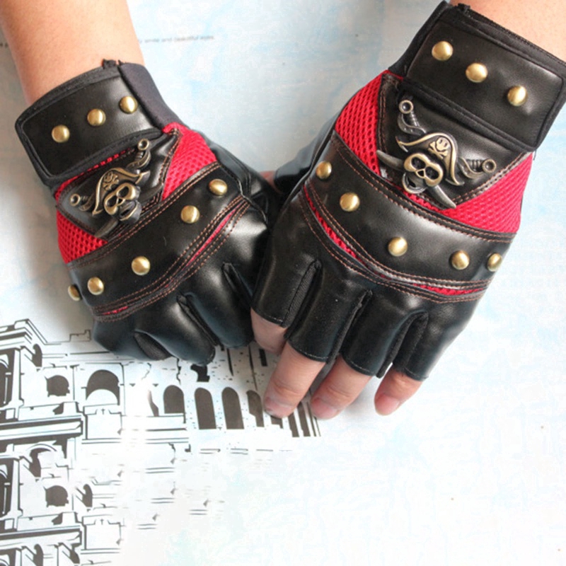 Găng Tay Da Hở Ngón Chống Nắng Thoáng Khí Họa Tiết Đầu Lâu