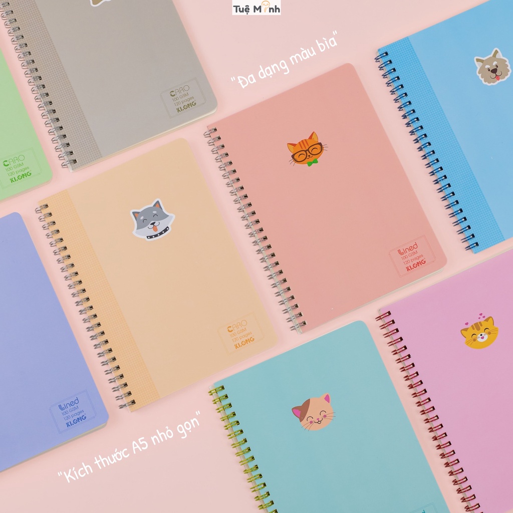 Sổ lò xo kép Caro ô vuông 120 trang  A5 Klong Ms 535 bìa Pastel giấy 100gsm dày dặn, vở Klong bìa cute