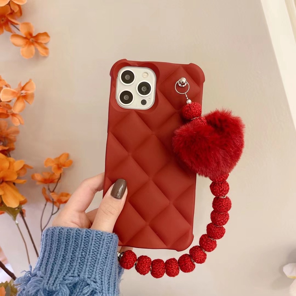 Ốp điện thoại đỏ phối chuỗi và mặt trái tim thích hợp cho iPhone 13 promax X XS XR 11 pro max 12 pro max