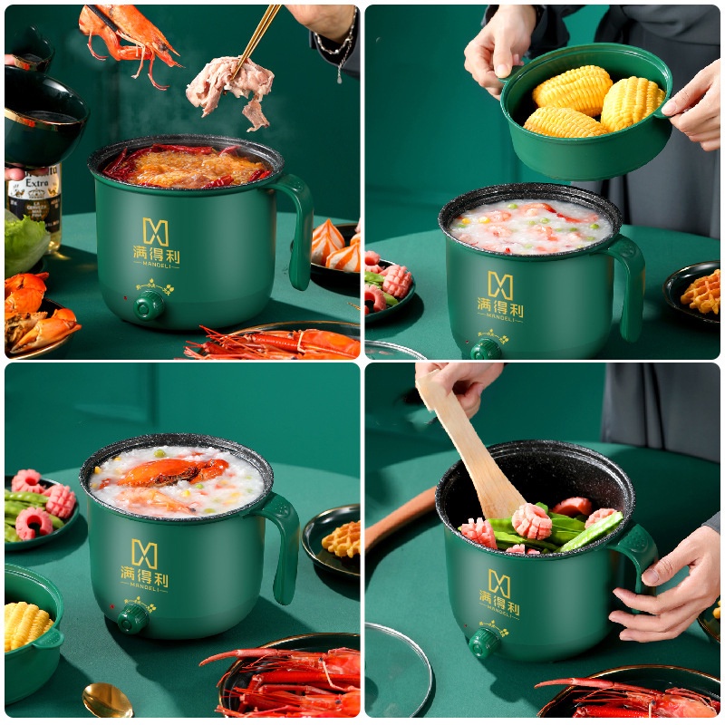Nồi Lẩu Điện Mini, Nấu Mì 2 Tầng Kèm Giá Hấp Đa Năng Nướng, Luộc, Chiên Chống Dính Vân Đá Tiện Lợi, Ca nấu mì
