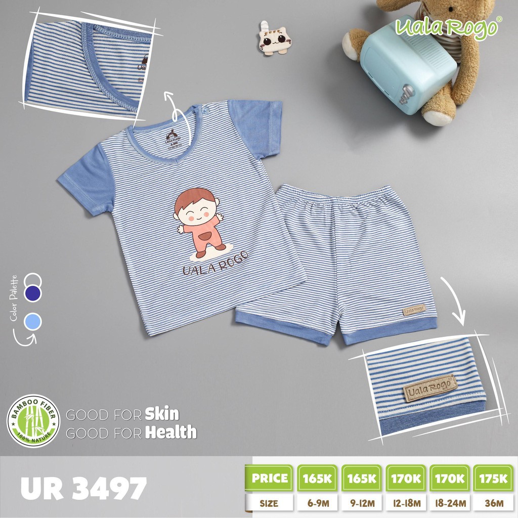 Bộ Quần áo cộc tay cài vai bamboo in hình kẻ tăm Uala&Rogo 3497