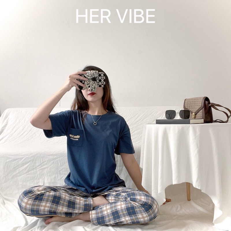 Bộ đồ pijama mặc nhà nữ thu hè tay ngắn quần dài xanh than siêu mềm thấm hút - Đồ ngủ nữ mặc nhà quần dài Her Vibe