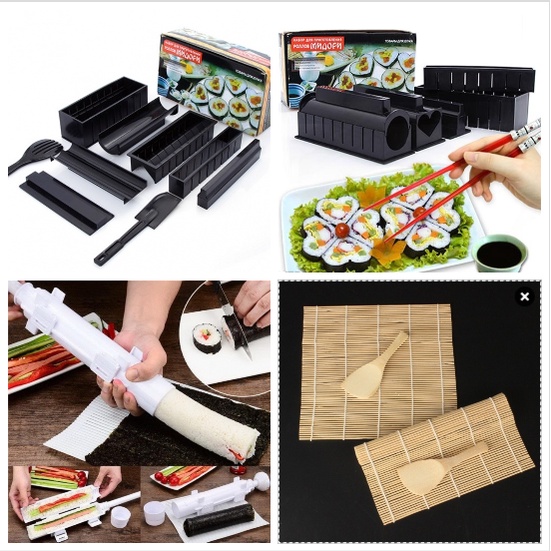 BỘ DỤNG CỤ LÀM SUSHI 10 MÓN - CUỘN BẰNG GỖ - ỐNG TRẮNG