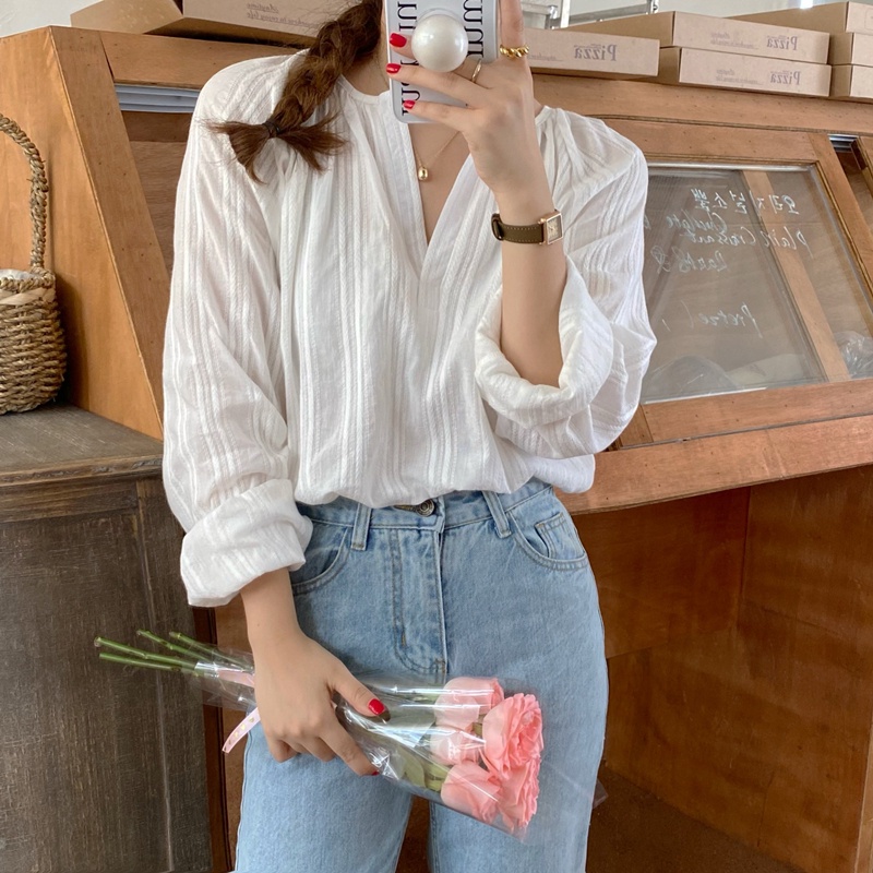 SUXI Áo Sơ Mi Tay Dài Cổ V Màu Sắc Đơn Giản Dễ Phối Đồ Cho Nữ