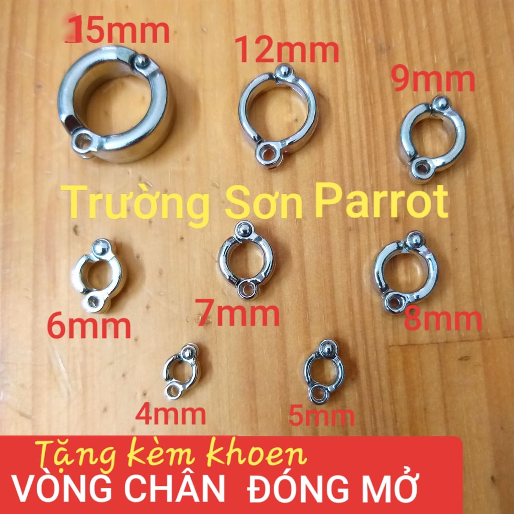1 VÒNG CHÂN CHO VẸT DẠNG ĐÓNG MỞ đủ size (NHẪN ĐEO CHÂN cho vẹt) BẰNG INOX