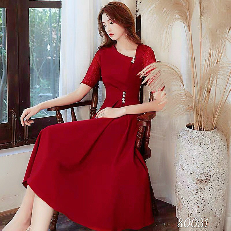 Đầm xòe xếp ly eo đính hạt vải cotton phối ren thanh lịch phù hợp mọi hoạt động du lịch, công sở, dự tiệc--[ HÌNH THẬT]
