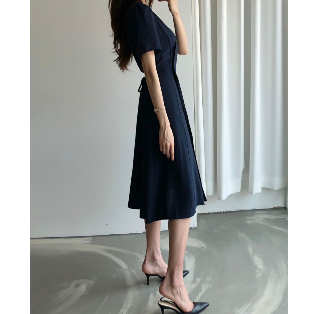 Xiaozhainv Đầm nữ xẻ cổ chữ V với 3 hàng nút ôm eo tay ngắn phong cách Hàn Quốc | BigBuy360 - bigbuy360.vn