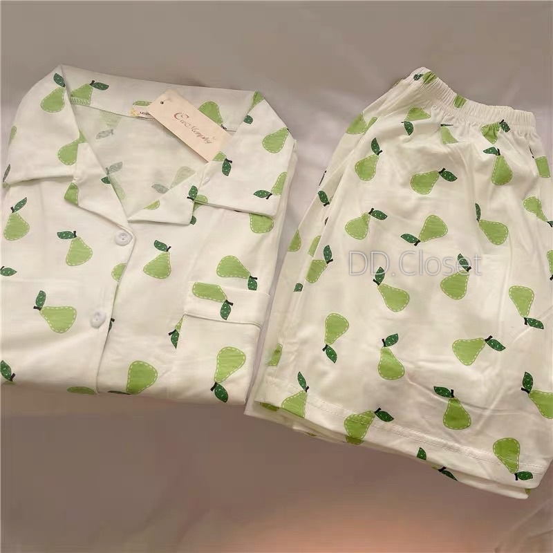 Bộ đồ ngủ pijama nữ cộc tay quần đùi chất lụa Kate Thái mềm mịn màu trắng họa tiết quả lê xanh đáng yêu - CD0041