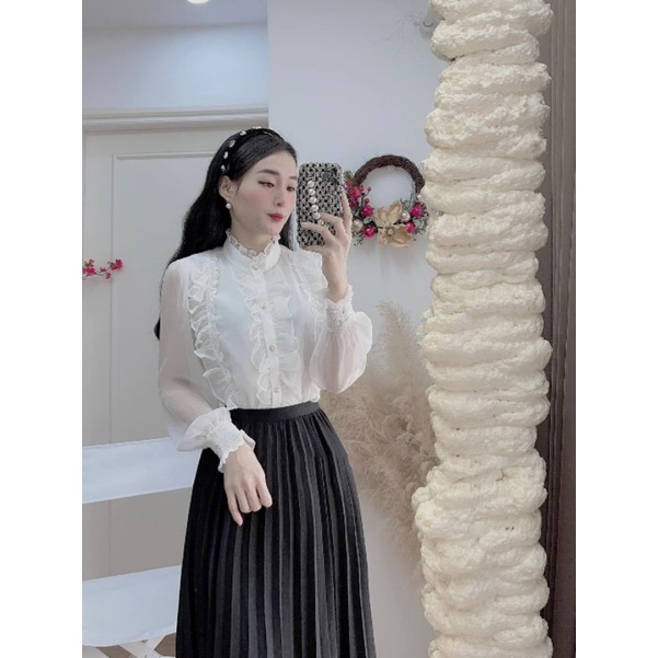 Áo Sơ Mi Nữ Ms.0261 Áo Thiết Kế Cổ Tàu Phối Vèo, Dáng Suông Tay Dài Chất Tơ Nhũ Hai Lớp Sang Chảnh