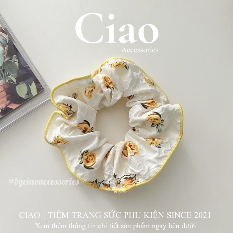 [HOẢ TỐC 1H] Dây buộc tóc/ Scrunchies hoa hồng viền chỉ thêu xinh xắn mã 06 Ciao accessories