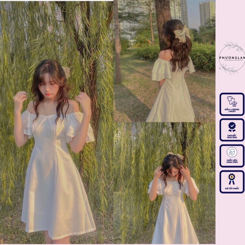 Váy xoè 🌸 Đầm trễ vai màu trắng tay bồng style Hàn Quốc Ulzzang dành cho nữ PHULA V05