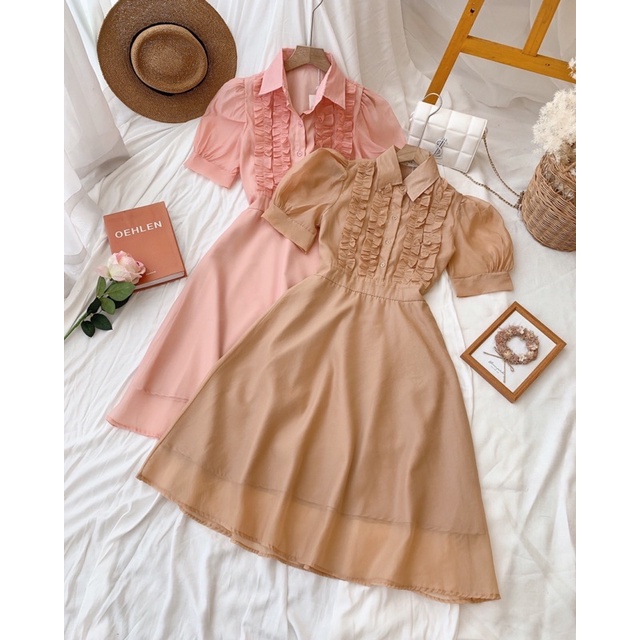Đầm voan xoè cổ sơ mi xếp bèo ngực