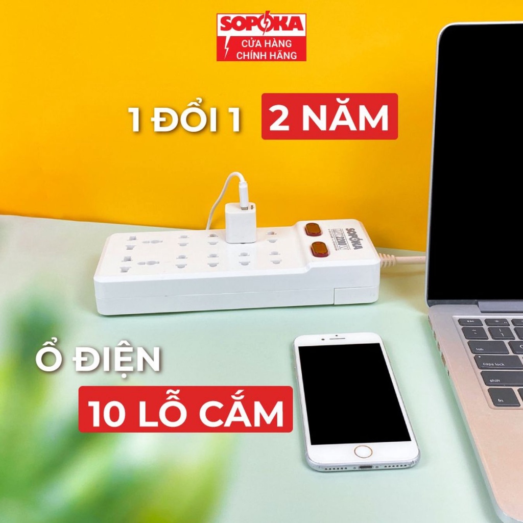 Ổ cắm điện 10 cửa lõi sứ chịu nhiệt SOPOKA 10Y cao cấp chính hãng, 2200W, 2 nút nguồn siêu bền, chống cháy, dây dài 2-6m