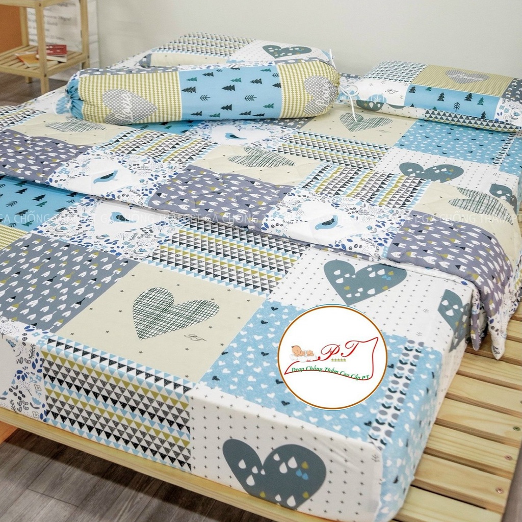 Bộ ga chống thấm cotton cho bé, drap chống thấm nước cao cấp kèm vỏ gối đầu và vỏ gối ôm mềm mịn mát (mẫu love xanh)