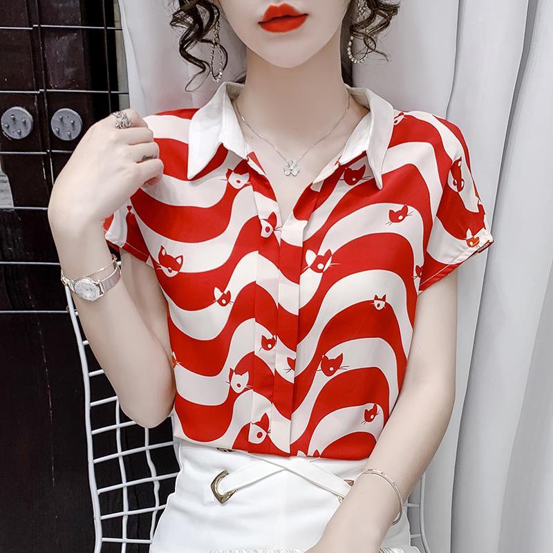 Áo Thun chiffon Ngắn Tay Họa Tiết Kẻ Sọc Thời Trang Mùa Hè Dành Cho Nữ Trung Niên