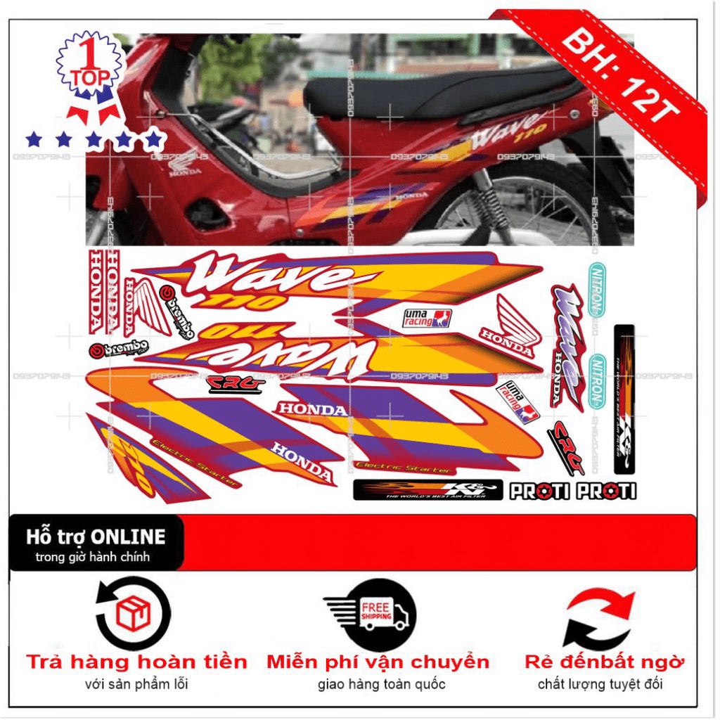 ( Quí khách vui lòng mang ra tiệm cho thợ dán ) Tem wave nhỏ đời đầu mẫu zin đỏ