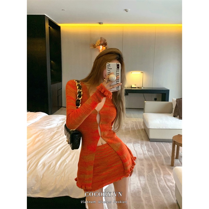Cocory vn Áo Dệt Kim Tay Dài / Chân Váy Chữ A Lưng Cao Thời Trang Quyến Rũ Cho Nữ