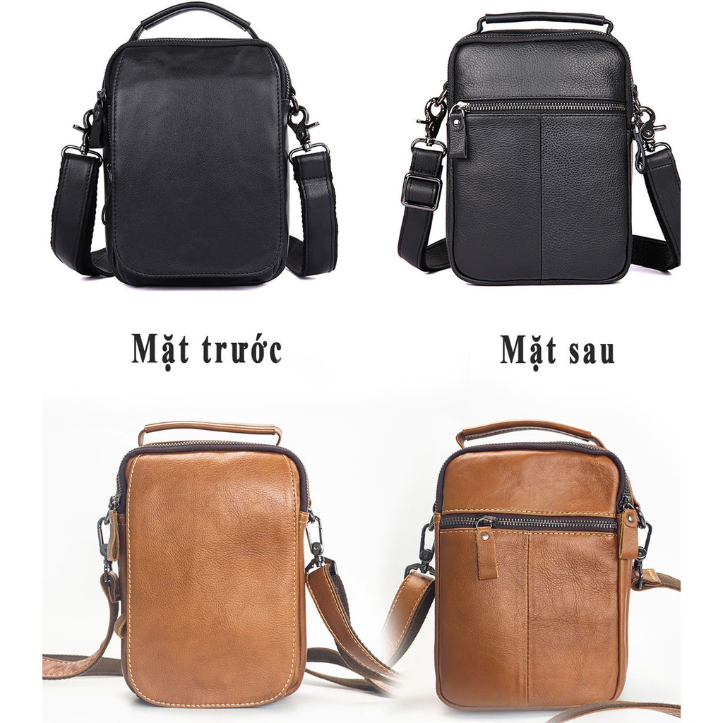 Túi đeo chéo mini nam DC104, minibag da bò thật đựng vừa ipad mini, các vật dụng cá nhân phong cách unisex, BH 12 tháng