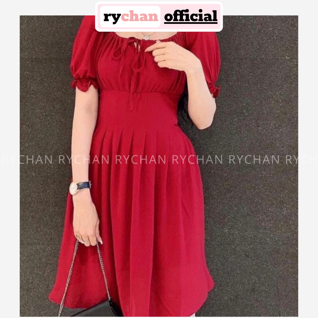 DX884 - Đầm Xòe Cổ Vuông Nơ Cổ Nhiều Màu Hình Thật Đầm Xòe Bánh Bèo Dập Ly