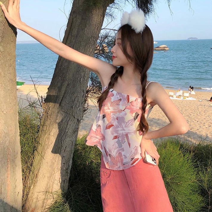 Áo hai dây ZHELIHANGFEI vải voan họa tiết hoa thắt nơ đằng sau thời trang cho nữ