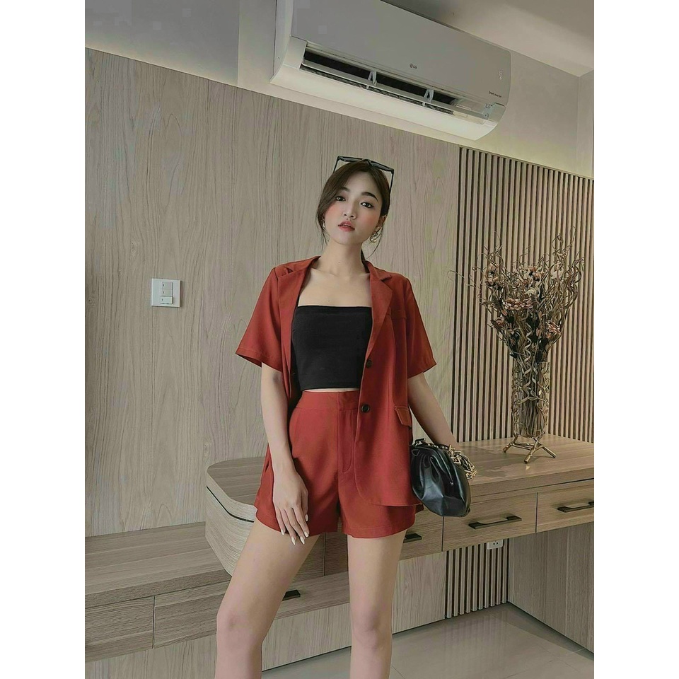 (Freeship)Sét 3 chi tiết  áo vest tay ngắn phối quần có túi,kèm lót cotton,thiết kế trẻ trung năng động