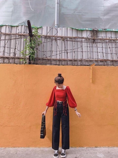 Áo croptop đũi rút dây siêu xinh