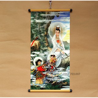 Tranh Bồ Tát Tiên Đồng Ngọc Nữ 30x60cm bằng vải phủ bóng cao cấp dày dặn